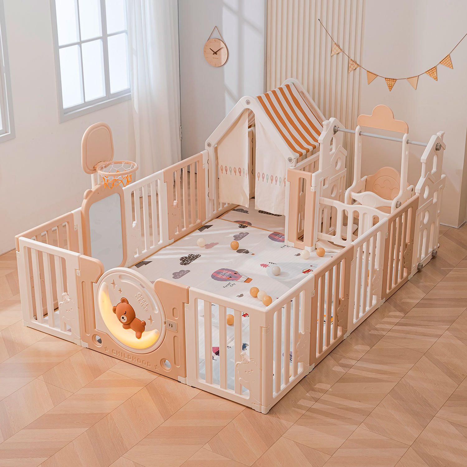 Манеж UNIX Kids DeLuxe House / Делюкс Дом бежевый, 180 x 200 см, с баскетбольной стойкой, доской для рисования, ковриком для игр