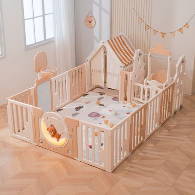 Манеж UNIX Kids DeLuxe House / Делюкс Дом бежевый, 180 x 200 см, с баскетбольной стойкой, доской для рисования, ковриком для игр